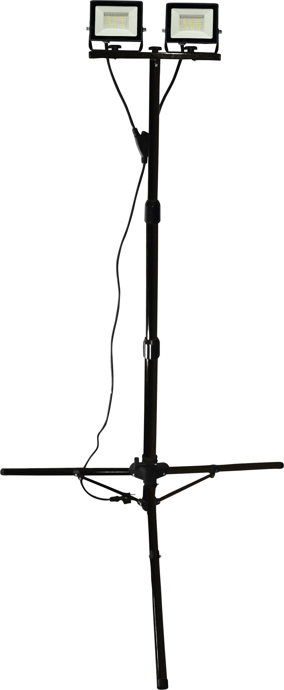 Due lampade da lavoro a LED su un treppiede estensibile, collegate da un cavo. Ideali per cantieri o officine.