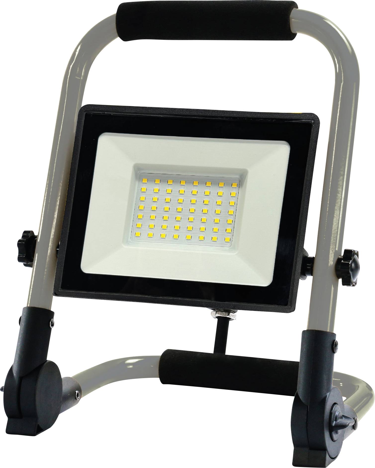 Un proiettore LED portatile con telaio in metallo e corpo illuminante rettangolare. Ideale per cantieri o utilizzi all'aperto.