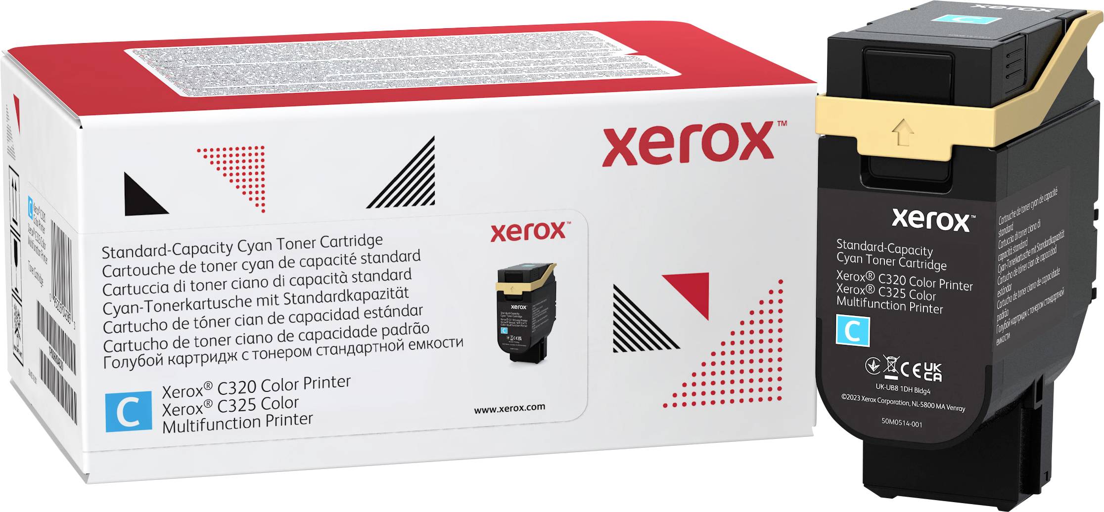 Cartuccia toner ciano a capacità standard Xerox per stampante C230/C235, che mostra la confezione e il toner con il nome del marchio e il numero del modello.