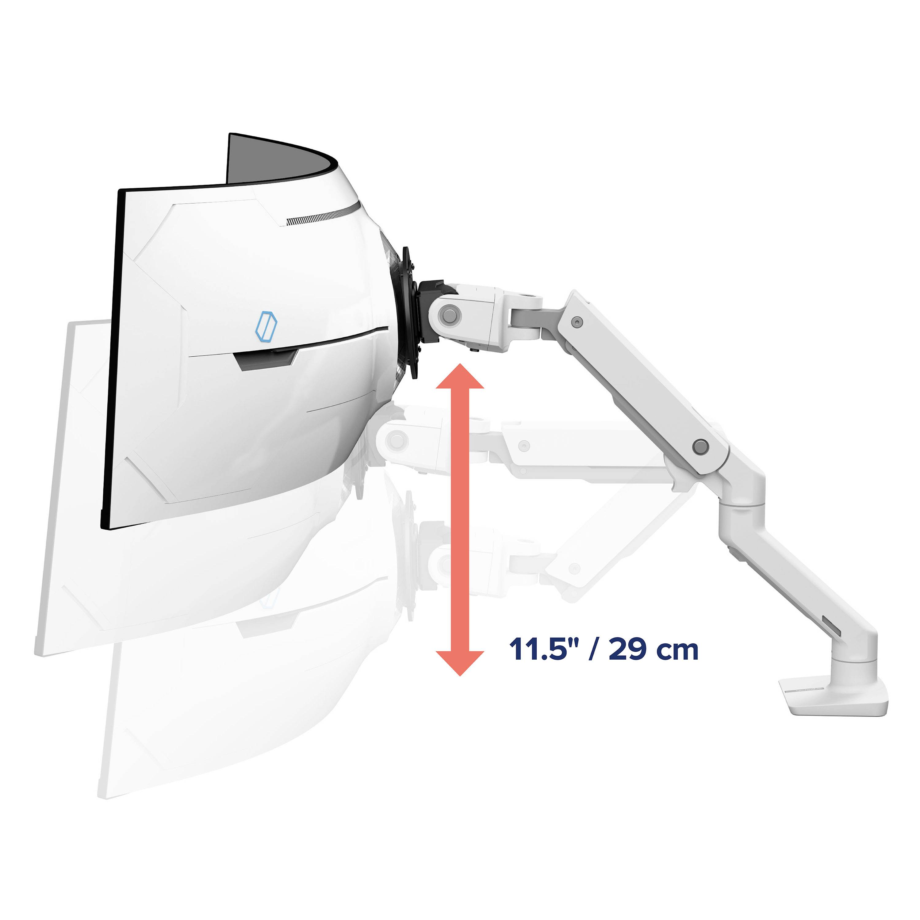 Supporto per monitor con braccio estensibile che può essere estratto fino a 29 cm. Mostra la regolazione dell'altezza dello schermo in vista laterale.