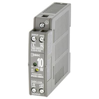 Unità di alimentazione grigio-bianca con etichetta '100-240VAC', '10W', 'PSSR-VB05', ingressi/uscite e indicatori LED di stato.