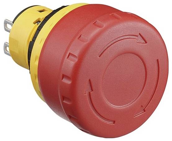Un pulsante di emergenza rosso con base gialla per macchine e impianti. Riconoscibile dai simboli di frecce impressi sulla superficie.