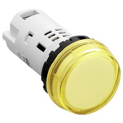 Pulsante rotondo giallo con involucro bianco e supporto nero, adatto al controllo di macchine o dispositivi elettrici.