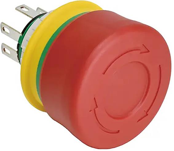 Pulsante di emergenza rosso con base gialla e tre connessioni elettriche, utilizzato per l'interruzione immediata del funzionamento di una macchina.