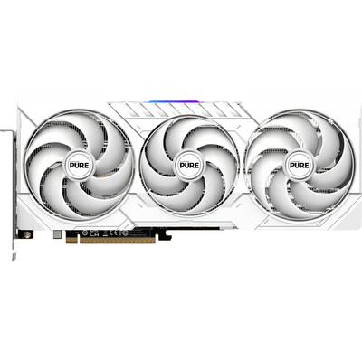 Una scheda grafica bianca con tre ventole sulle quali è scritto 'PURE'. È parte di un componente per gaming o hardware per computer.