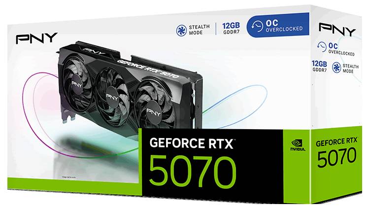 Scheda grafica PNY GeForce RTX 5070, 12 GB GDDR7, Modalità Stealth, OC Overclocked. La confezione mostra un'immagine della scheda con tre ventole.