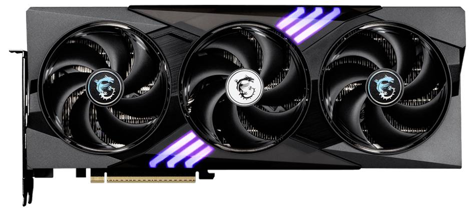 Una scheda grafica nera con tre ventole e strisce LED viola decorative, adatta per applicazioni informatiche ad alte prestazioni.