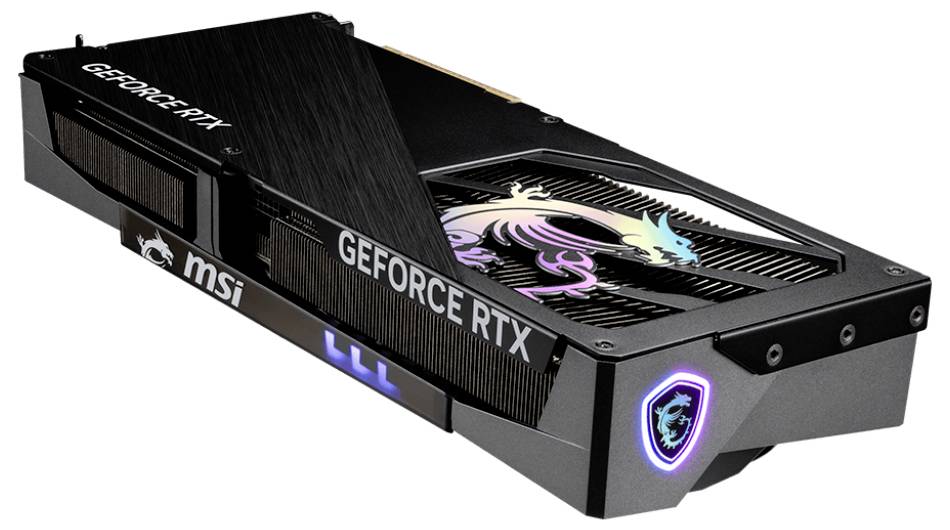 Una scheda grafica nera con la scritta 'GEFORCE RTX' e un logo a forma di drago illuminato.