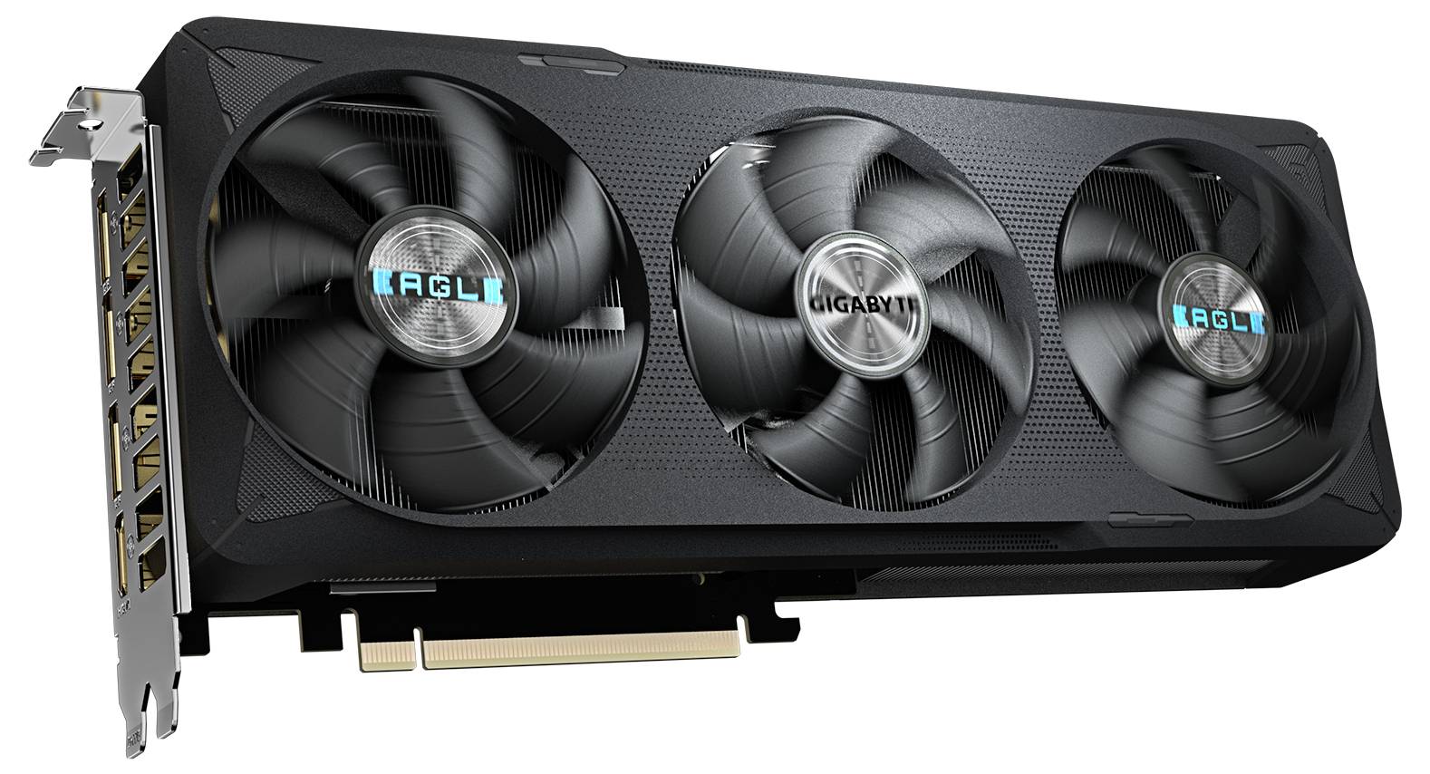 Scheda grafica con tre ventole, modello 'Gigabyte Eagle'. Raffreddamento triplo per prestazioni ottimizzate in applicazioni di gioco e grafica.