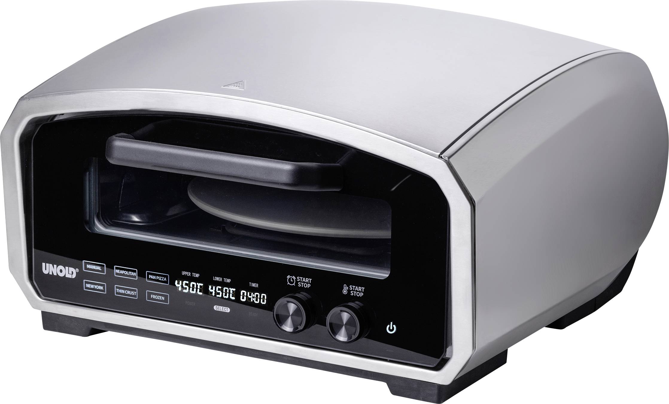 Un forno per pizza in argento con display della temperatura e pulsanti di controllo, idoneo per cuocere pizze ad alte temperature.