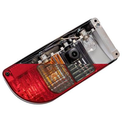 Primo piano di un'unità fanale posteriore di un'automobile che mostra i componenti interni inclusi lampadine e cablaggio, su uno sfondo bianco semplice.