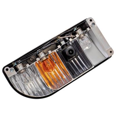 Un'unità di luce posteriore di un'auto è mostrata con due lampadine, un indicatore arancione, una lente trasparente e una telecamera per la visione posteriore collegata.