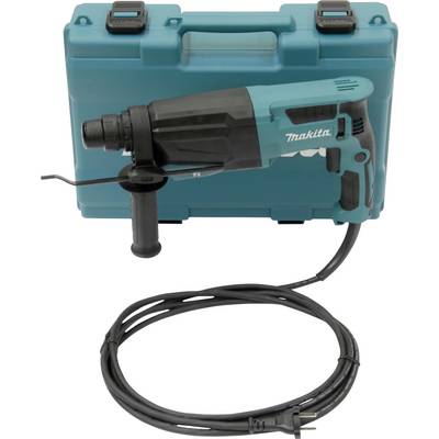 Un martello perforatore elettrico con involucro verde e nero è posizionato davanti a una custodia in plastica abbinata. Un cavo con spina è visibile.