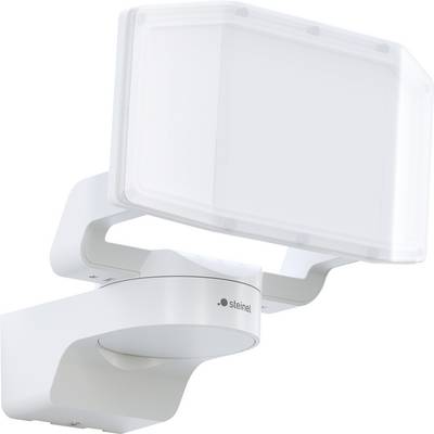 Una lampada esterna bianca di Steinel con paralume rettangolare e design moderno, montata su un supporto.
