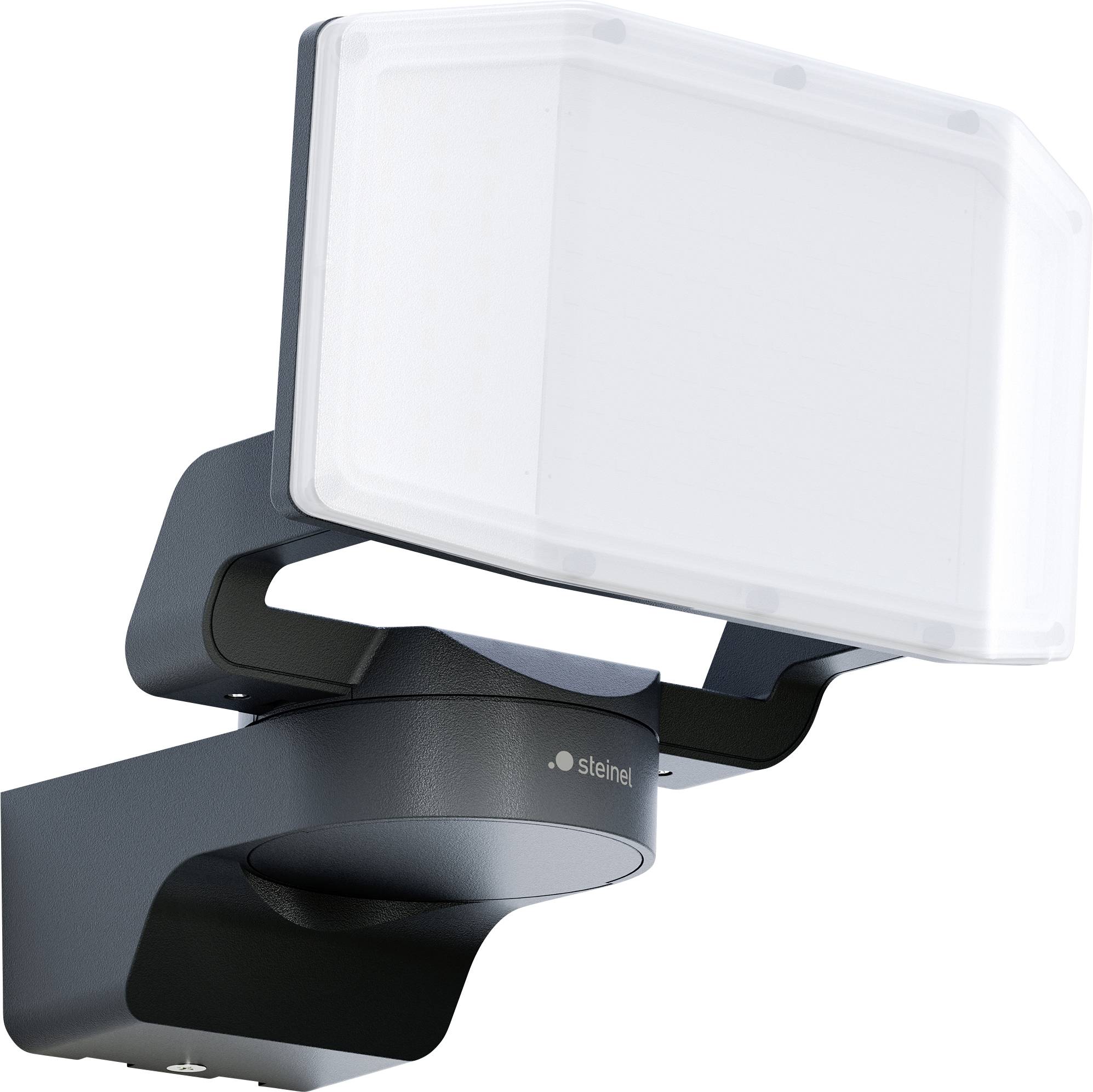 Una lampada LED da esterno nera con paralume squadrato e piatto, montata su un supporto a parete. Utilizzata per l'illuminazione di aree esterne.