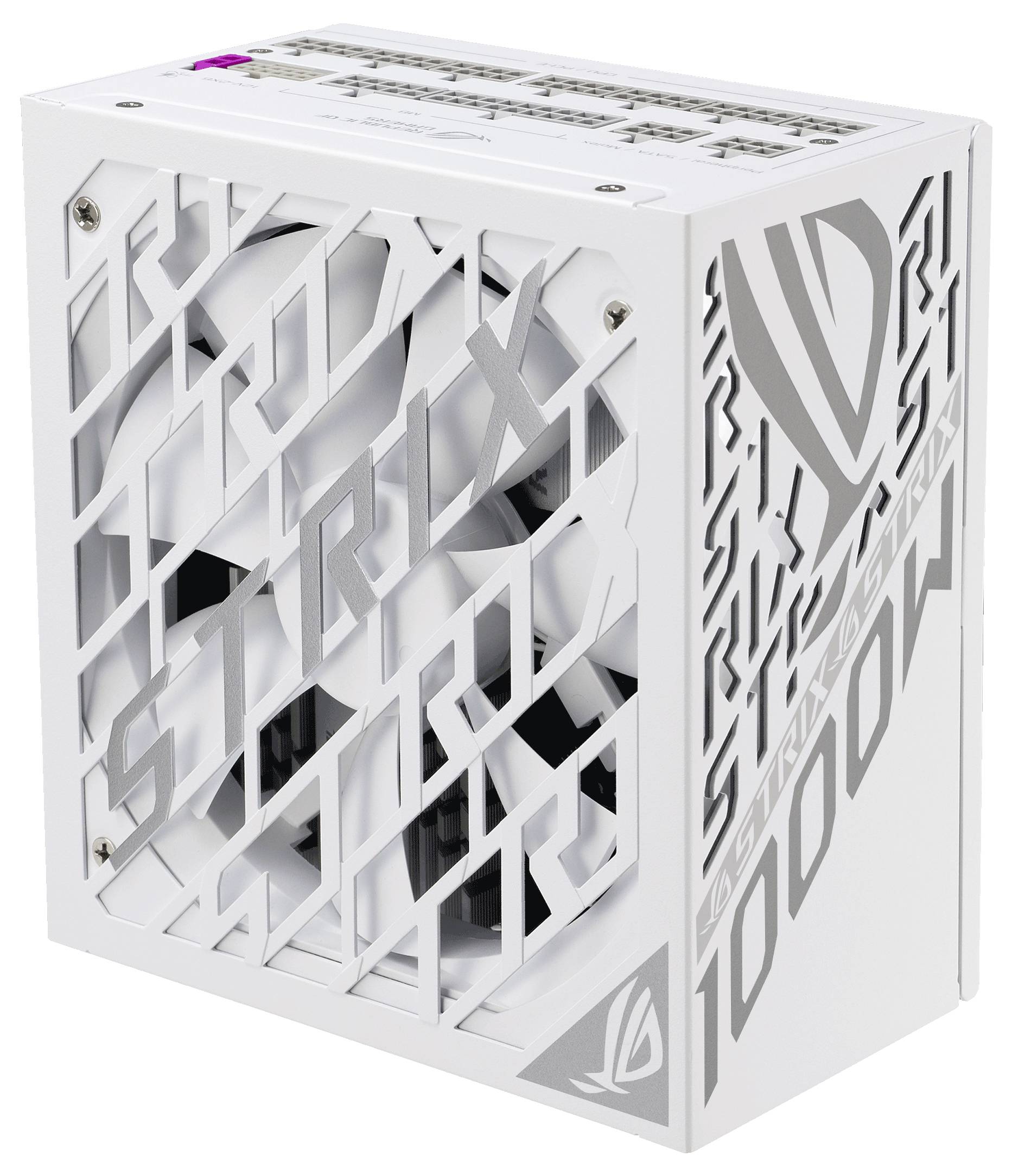 Alimentatore PC bianco con la scritta 'STRIX', griglia di ventilazione e logo sul lato, che mostra una potenza di 1000W.