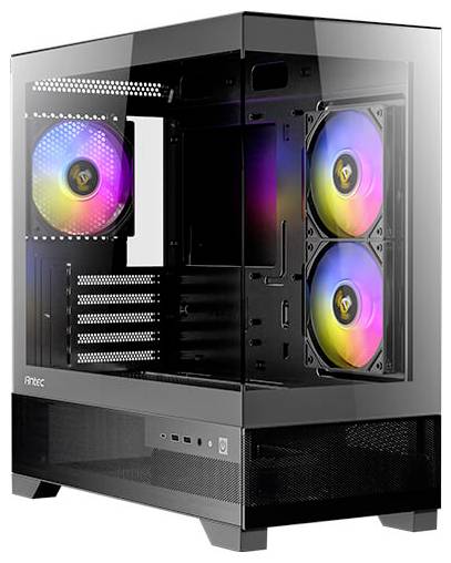 Un case per computer con lati trasparenti mostra tre ventole con luci LED colorate in diversi colori.