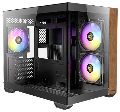 Un case per computer con lati trasparenti che mostra due ventole più grandi con illuminazione RGB. Ideale per gli appassionati di PC.
