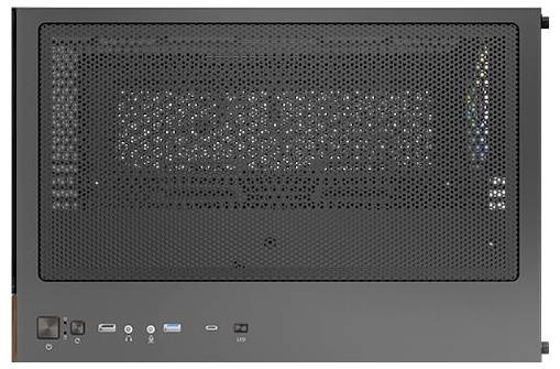 Un case per computer con aperture di ventilazione sulla parte superiore, porte USB e interruttori anteriori.