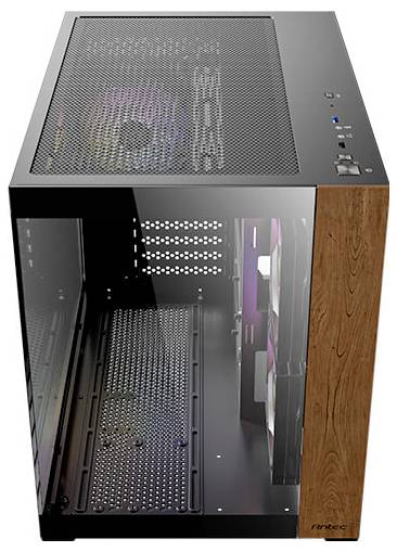 'Custodia di un PC con frontalino in vetro ed elementi in legno, vista interna mostra ventole e griglie di aerazione superiori per una migliore circolazione dell'aria.'
