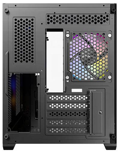 Vista posteriore di un case per PC con ventola integrata e illuminata. Diversi slot di espansione sono visibili.