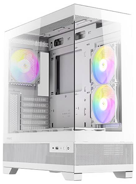 Case per PC trasparente con ventole RGB, dettagli bianchi e molteplici slot di espansione, pronto per l'installazione dei componenti.