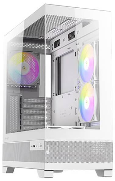 Un case per computer bianco con pannello laterale trasparente. All'interno sono visibili due ventole illuminate RGB e un altro ventilatore sul retro.