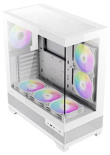 Un case per computer bianco con finestra laterale trasparente mostra diversi ventole colorate che illuminano l'interno.