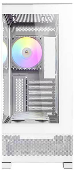 Un case per computer bianco con un ventilatore incorporato illuminato nei colori dell'arcobaleno. All'interno sono visibili diversi slot di espansione.
