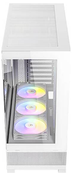 Case per computer bianco con pannelli laterali trasparenti e tre ventole illuminanti con luce LED a cambiamento di colore.