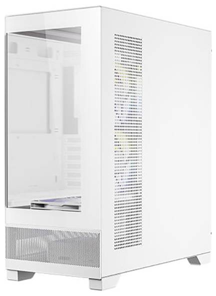 Case bianco per computer con finestra in vetro sul lato sinistro, mostra la vista interna del case con spazio per i componenti, design minimalista.