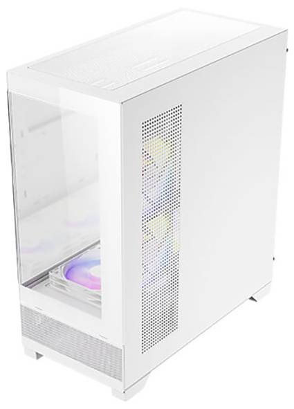 Case per computer bianco con finestra laterale trasparente, ventola interna illuminata visibile.