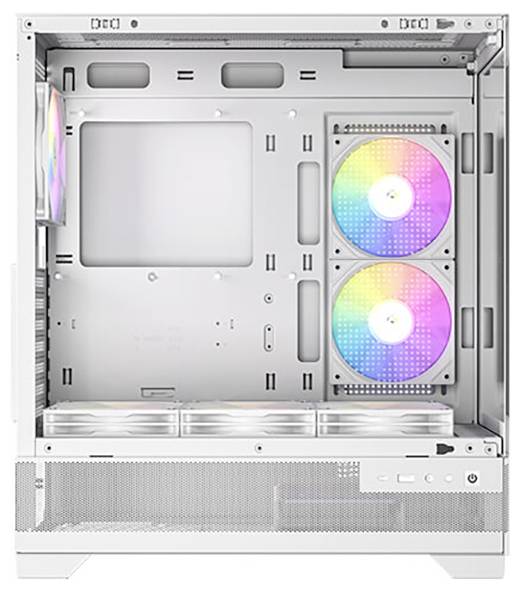 Un case per computer bianco con ventole RGB sul lato. Ha spazio per i componenti e non è ancora completamente allestito.
