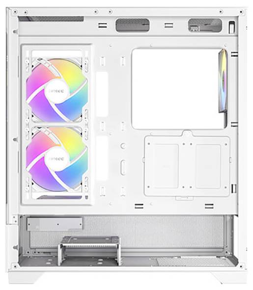 Un interno vuoto e bianco di un case per PC con spazio per scheda madre e componenti. Due ventole colorate e illuminate sono installate.