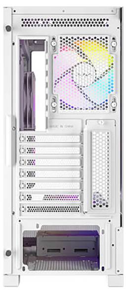 L'immagine mostra il retro di un case per computer bianco con un ventilatore illuminato a colori e vari slot per schede di espansione.
