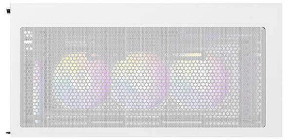 Case bianco per computer con griglia a nido d'ape sul davanti, attraverso cui si vedono tre ventole illuminate con colori RGB.
