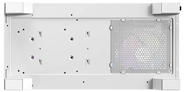 Lato inferiore di un case per computer bianco con griglia di ventilazione a destra, attraverso cui sono visibili LED colorati, e quattro piedini agli angoli.