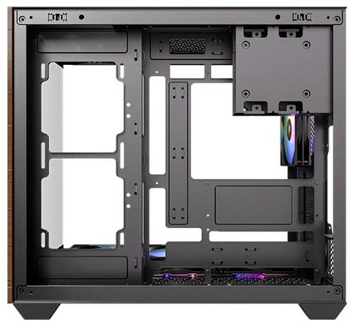 Involucro nero per computer in vista laterale, mostra lo spazio interno per il montaggio dei componenti con diversi vani di installazione e gestione dei cavi.