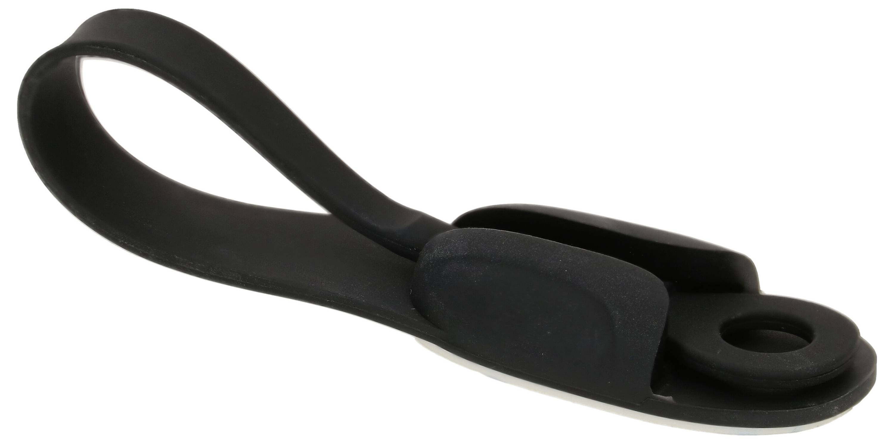 Supporto nero in gomma con laccio e gancio, utilizzato per fissare oggetti come luci posteriori per biciclette su varie superfici.