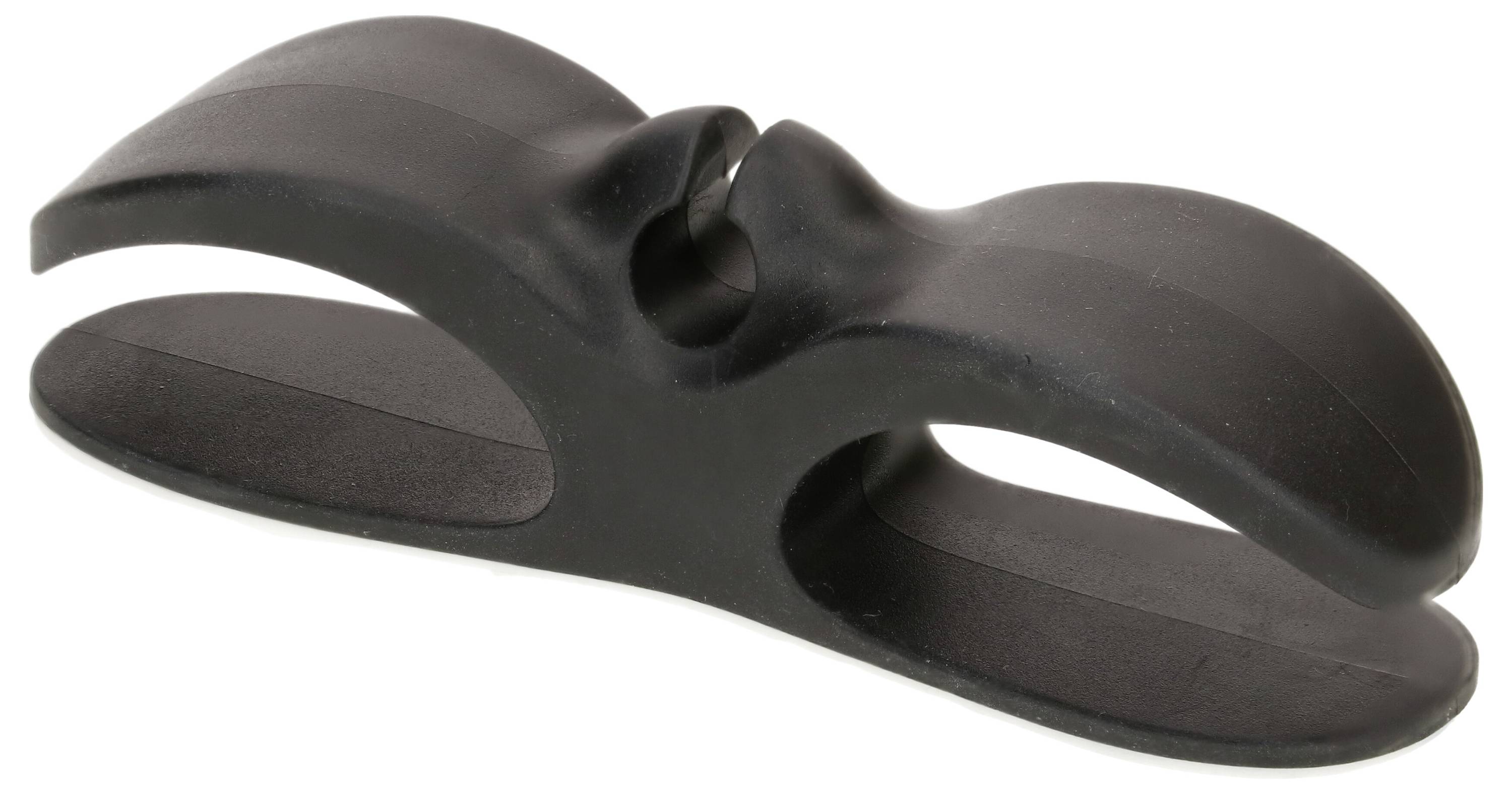 Dispositivo nero in plastica, dal design leggermente curvo, che funge da supporto per migliorare la postura corporea.