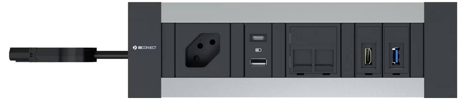 Presa elettrica con porte USB e HDMI, adatta per scrivanie e attrezzature per conferenze. A sinistra è presente un cavo di alimentazione.