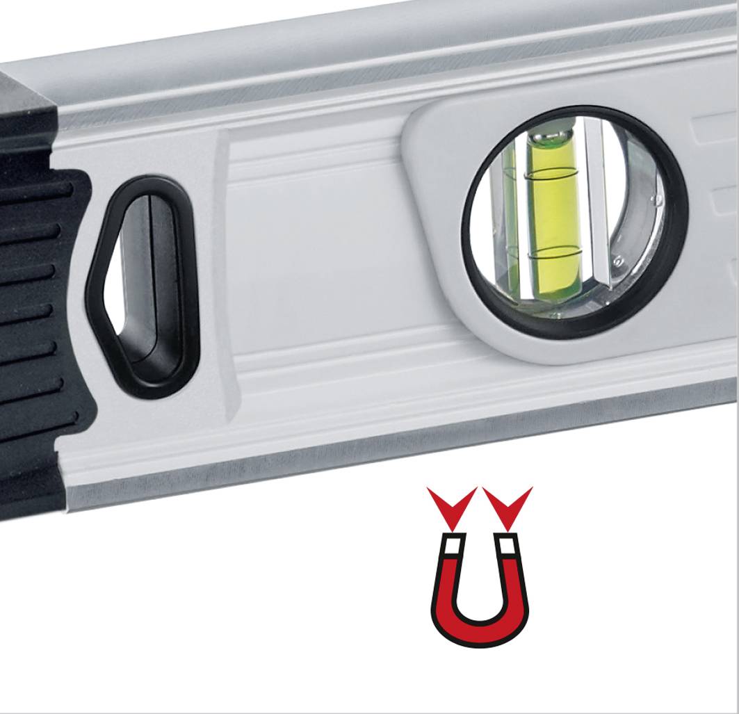 Livella con funzione magnetica, indica una bolla verde. Ideale per l'allineamento preciso su superfici metalliche.