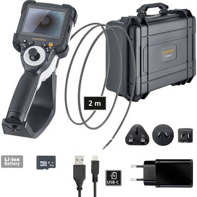 Set di telecamera d'ispezione con monitor, cavo da 2 m, valigetta da trasporto, batteria agli ioni di litio, scheda di memoria, cavo USB-C e vari adattatori.