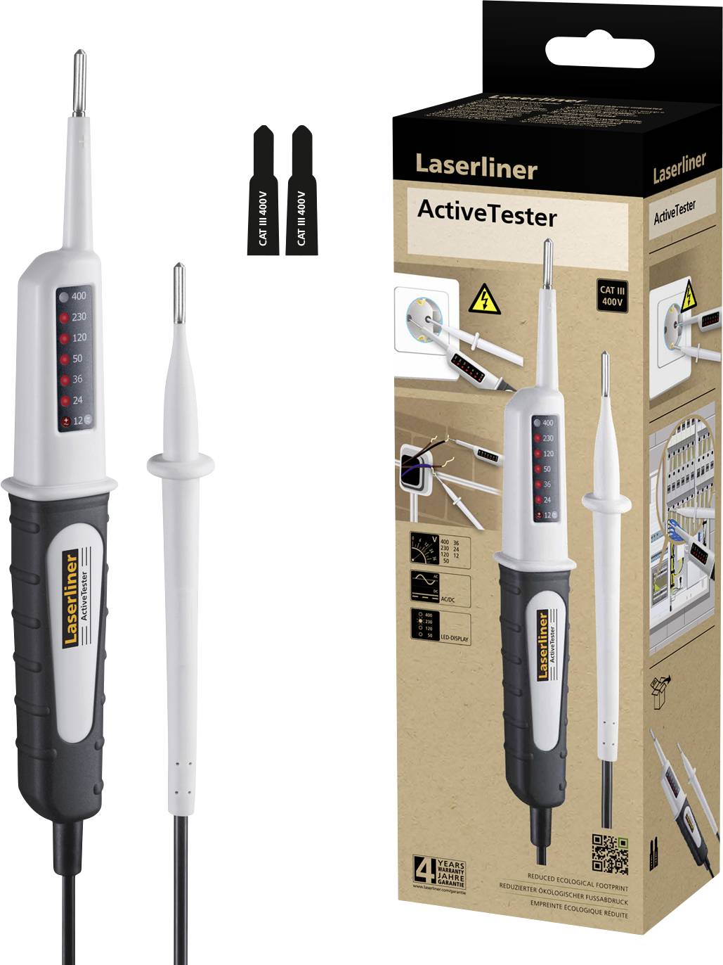 'Laserliner ActiveTester' Rilevatore di tensione. La confezione mostra dettagli del prodotto ed esempi di applicazione. Adatto per misurazioni di tensione fino a 400V.