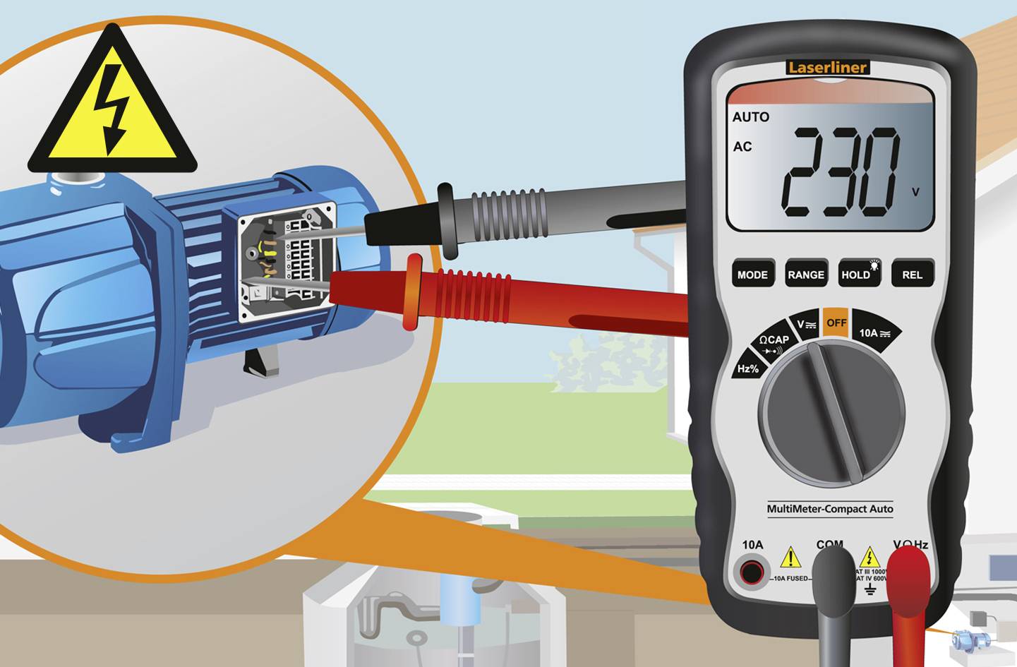 Un multimetro misura una tensione di 230 volt su un dispositivo elettrico. Simbolo di avvertimento per il rischio di folgorazione nelle vicinanze.