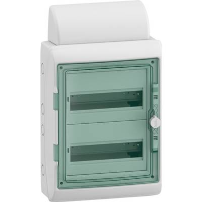 Supporto da parete in plastica bianca con copertura trasparente verde che protegge pannelli di controllo o interruttori.