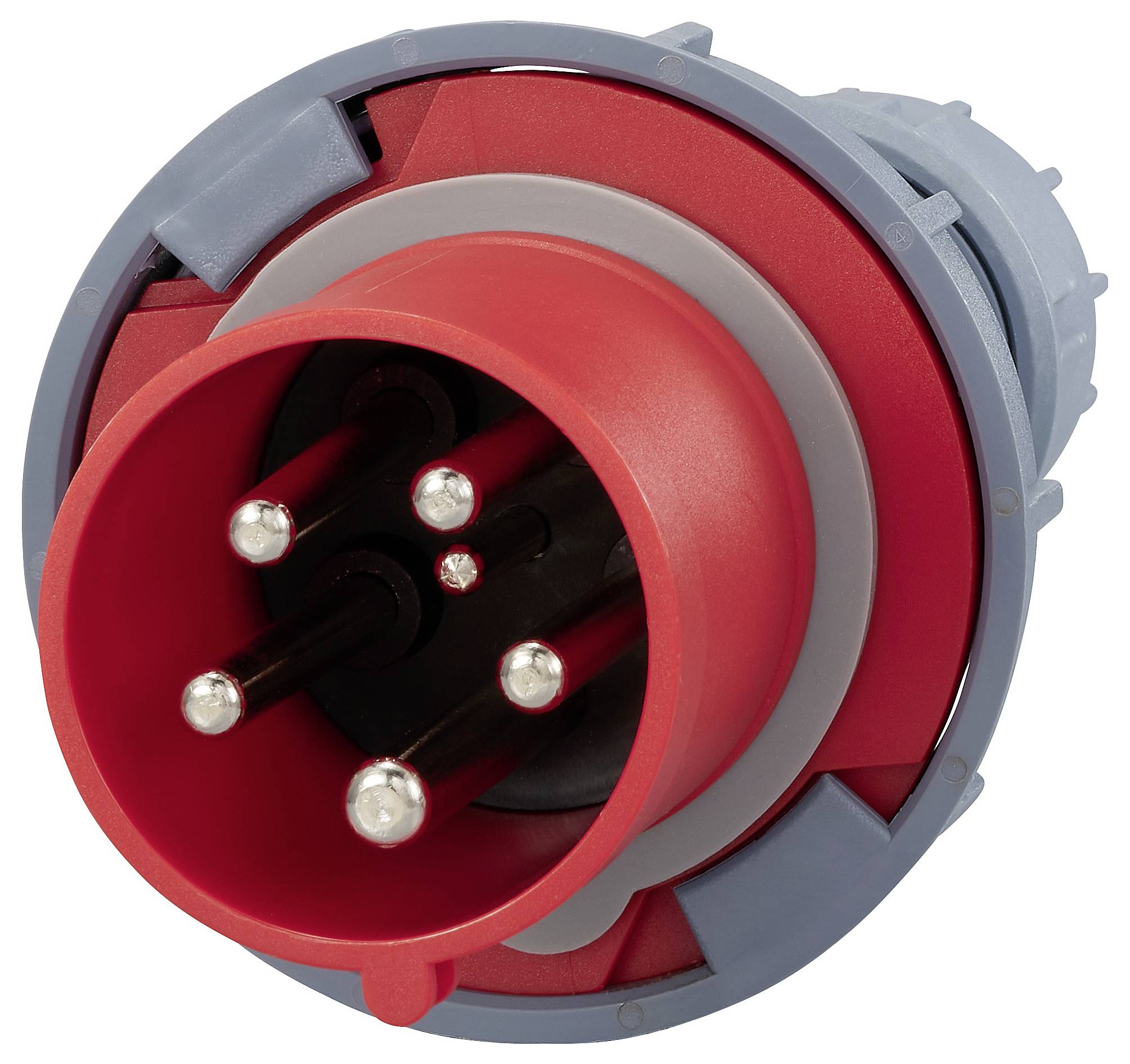Connettore industriale a cinque pin, con involucro rosso e grigio, utilizzato per garantire un collegamento elettrico sicuro in applicazioni industriali.