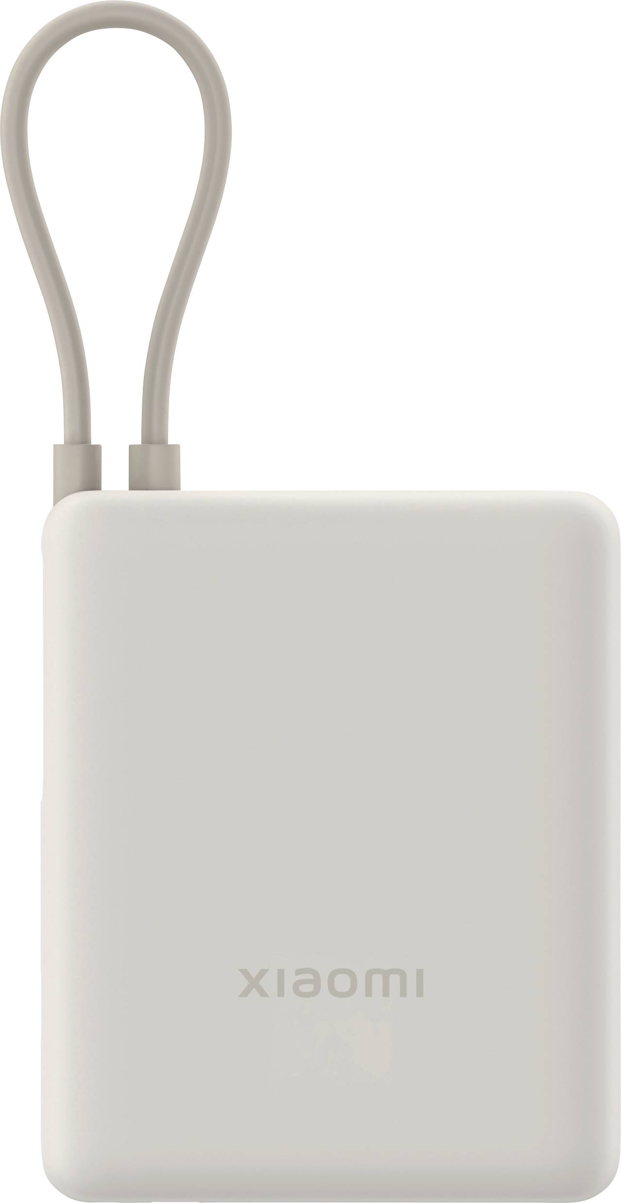 Un power bank rettangolare bianco di Xiaomi con una cinghia flessibile in alto.
