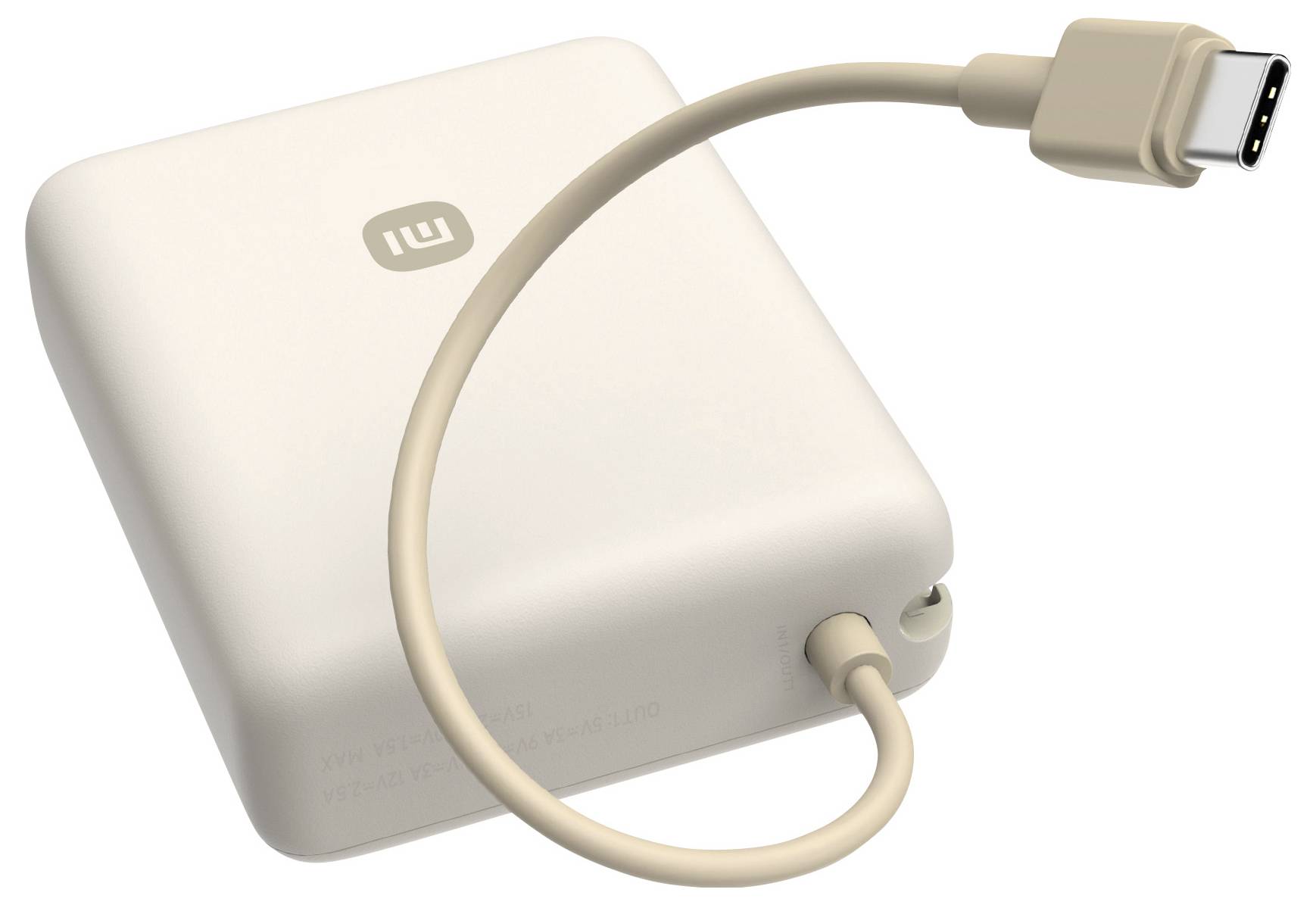 Un caricabatterie bianco con cavo USB-C, dal design compatto, con un logo. Ideale per dispositivi portatili.