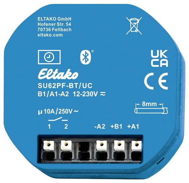 Modulo di commutazione radio blu con marchio CE e UKCA. Modello: Eltako SU62PF-BT/UC. Dettagli tecnici: B1/A1-A2, 12-230V, corrente 10A/250V.